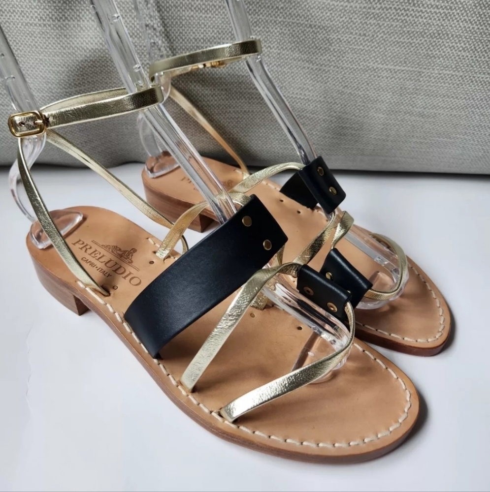 Preludio Capri Italy Sz 8 Strappy Leather Sandals Black Gold Tan Flat Handmade